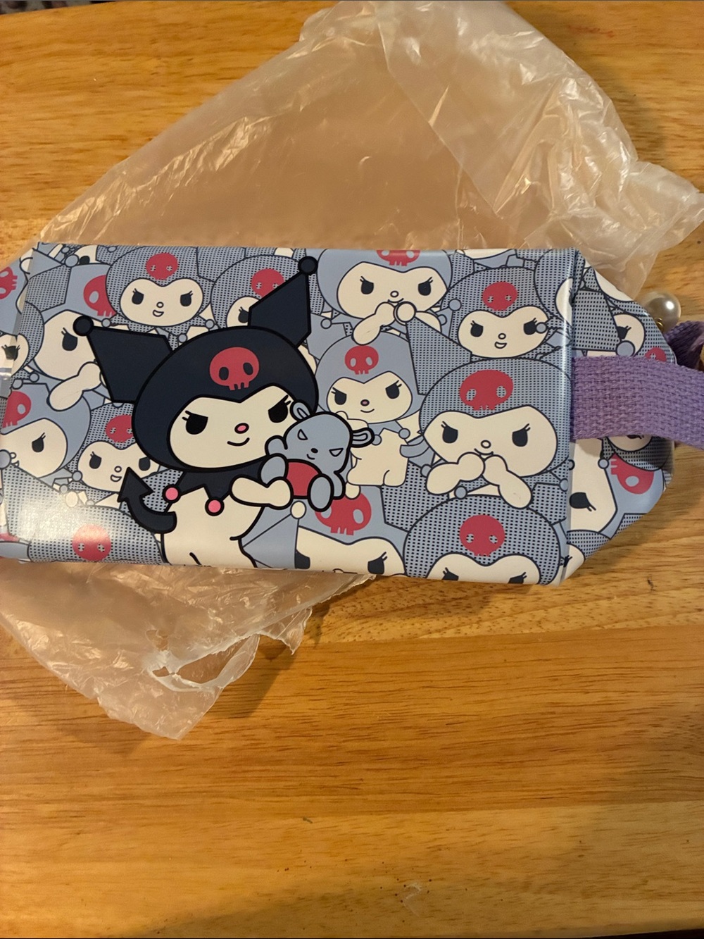 New-Sanrio Kuromi Light Blue and Purple- Makeup BagW/Faux Pearl Zipper Pull